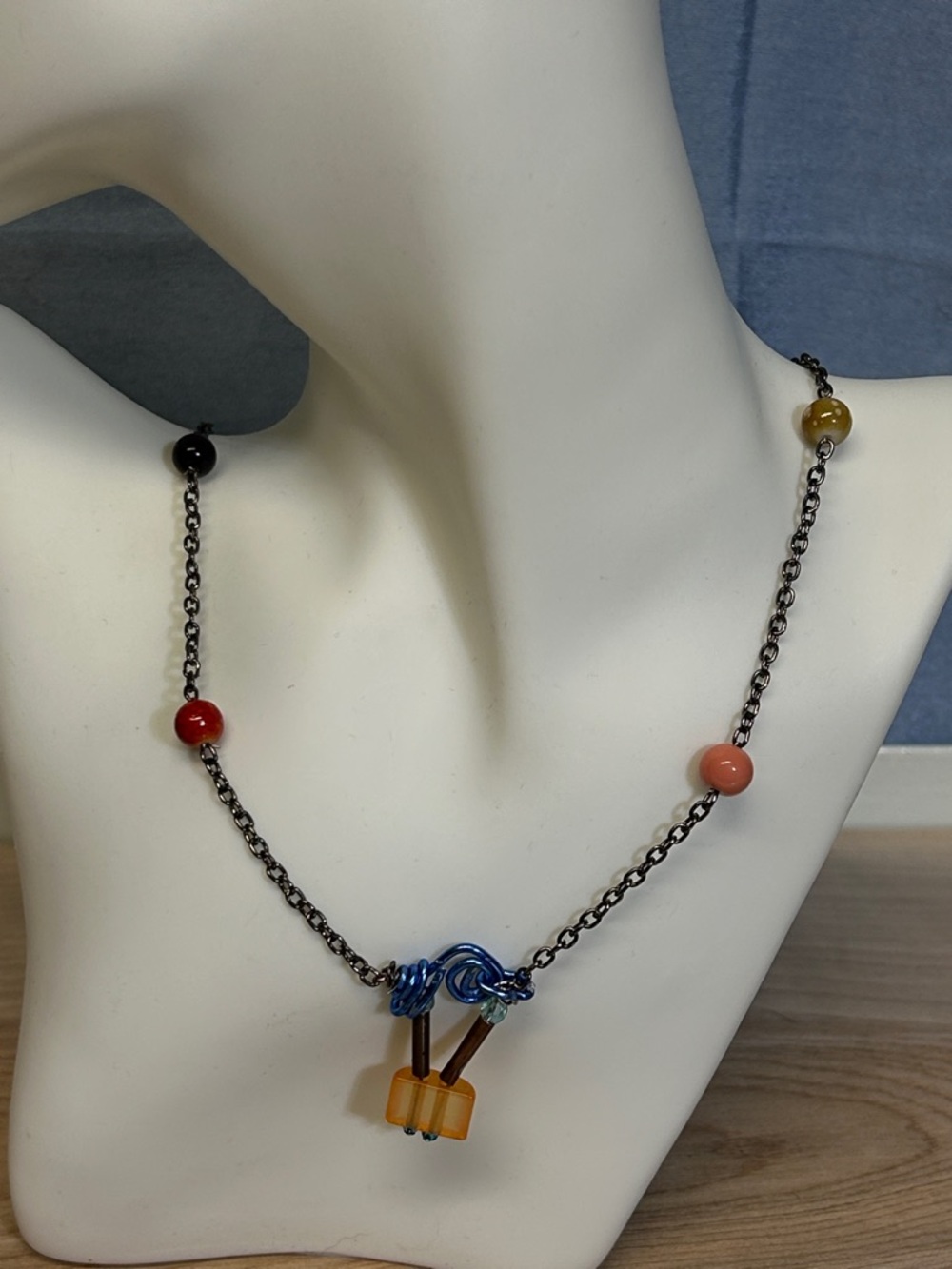 Hand Crafted Multicolor Bead Chain Necklace with Blue Glass Pendant
